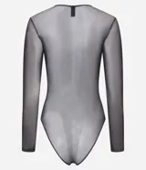 Body de tul negro con transparencia, manga larga y escote en V profundo con detalle de encaje en el borde. Presenta un diseño ajustado al cuerpo con cierre de broches a presión en la parte inferior.