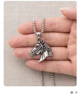 Collar de acero quirúrgico con dije en forma de cabeza de caballo con detalles en relieve y acabado pulido. Incluye cadena de eslabones tipo box.