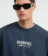 Remera boxy de algodón color azul marino con cuello redondo y mangas cortas. Presenta estampa oriental y lettering "Dowfall" en el frente.