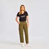 Pantalon cargo de corte recto y tiro alto en color verde oliva. Presenta bolsillos laterales de carga en los muslos, bolsillos frontales de entrada lateral y bolsillos traseros de parche. Incluye cierre con cremallera y broche, con costuras verticales decorativas en el frente.