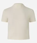 Blusa corta de cuello alto y mangas cortas, confeccionada en tejido rib texturizado color marrón.