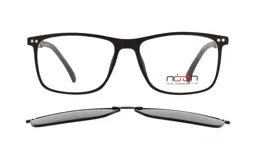 Anteojos de receta con marco rectangular color negro mate y clip-on solar polarizado desmontable.