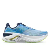 Championes Saucony Endorphin Shift 3, color celeste con detalles en azul, verde y blanco.