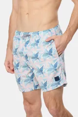 Short de baño clásico con estampado de hojas en tonos celeste y rosa, cintura elástica con cordón ajustable, dos bolsillos laterales y suspensor de malla fina.