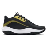 Championes de básquetbol Under Armour Lockdown 7, color negro con detalles en dorado y entresuela blanca. Presentan parte superior de malla transpirable con superposiciones de cuero, entresuela de EVA para mayor reactividad y suela de caucho con patrón de espiga para un control óptimo en la cancha.