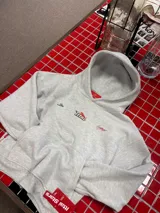 Buzo con capucha gris jaspeado, de corte holgado, con estampado gráfico en la espalda que incluye el texto 'Ittai Company' y una figura de un animal en color rojo.