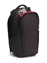 Mochila Under Armour No Weigh color negro, con tecnología UA Storm resistente al agua, compartimento principal amplio, espacio para dispositivos y múltiples bolsillos con cierre.