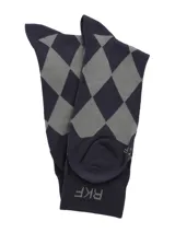 Medias de media caña fabricadas en fibra de bambú, con diseño de rombos en tonos azul marino y gris. Cuenta con elástico superior con el logo de la marca RKF bordado.
