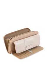 Billetera larga marca Lincoln's, color bordó con interior beige. Presenta un diseño con solapa frontal, múltiples compartimentos para tarjetas, visor y monedero con cierre.