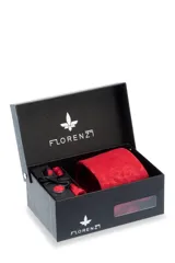 Set de regalo Florenzi que incluye corbata roja con diseño paisley, pañuelo de bolsillo y gemelos redondos forrados en la misma tela. Presentado en caja negra con logo de la marca.