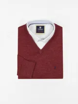 Sweater celeste de hilo con escote en V y logo bordado en el frente.
