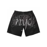 Short de malla deportiva color negro con diseño de letras brillantes en pedrería sobre el frente, corte estándar y cintura elástica.