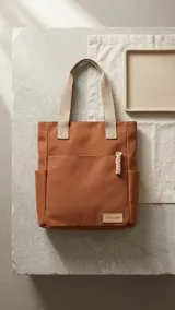 Cartera tipo shopper de lona color marrón, con bolsillos externos laterales, un bolsillo frontal abierto con detalle de aplique y tiras de hombro anchas en tono beige.