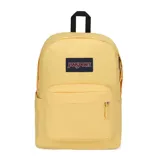 Mochila Jansport amarilla con logo de la marca en el frente. Tiene un compartimento principal con cierre, un bolsillo frontal con cierre y un bolsillo lateral abierto. El asa superior y las correas son negras.