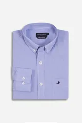 Camisa de manga larga Brooksfield con diseño de micro rayas, cuello abotonado, bolsillo frontal con logo bordado y cierre de botones.
