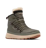 Bota de invierno Columbia modelo Red Hills, color verde oliva con detalles en beige y negro. Presenta una construcción impermeable con parte superior textil y refuerzos de cuero, forro interno con tecnología termorreflectante y cuello de piel sintética. Incluye sistema de cordones, entresuela amortiguada y suela de caucho con tracción.