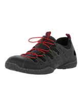 Sandalia deportiva de cuero color negro con cordones elásticos rojos y suela de goma.