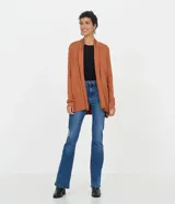 Cardigan largo femenino de punto liso, marca Blue Steel, con mangas largas y frente abierto.