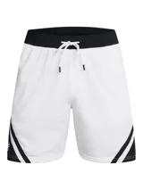 Short de básquet Under Armour Curry Mesh 4, de color blanco con detalles en negro, confeccionado en tejido de malla transpirable con bolsillos laterales con cierre.