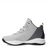 Championes deportivos Topper modelo Candun CS de caña media, color gris con detalles en gris oscuro y suela blanca con base negra. Presentan cierre con cordones, logo de la marca en el lateral y lengüeta, y una presilla trasera en color amarillo neón.