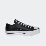 Zapatillas Converse Chuck Taylor All Star de cuero sintético negro con plataforma blanca y cordones blancos.