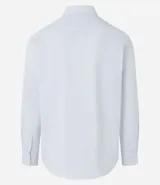 Camisa de manga larga marca Marfinno, confeccionada en tejido dobby de algodón con textura de rayas finas. Presenta cuello inglés y cierre frontal abotonado.