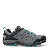 Championes de trekking Merrell modelo Crosslander 3, color gris con detalles en negro y turquesa. Confeccionados en una combinación de gamuza y malla transpirable, cuentan con tecnología Air Cushion en el talón para mayor estabilidad y absorción de impactos, además de una suela robusta diseñada para terrenos irregulares.