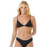 Top de bikini negro, estilo triángulo, con tirantes finos y textura acanalada.