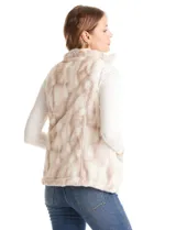 Chaleco reversible marca Weekend Routine, con un lado de piel sintética suave en tonos beige y blanco, y el otro lado capitoneado en blanco con diseño de rombos. Cuenta con cuello alto, bolsillos delanteros y cierre metálico dorado.