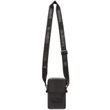 Bolso bandolera negro con textura de glitter, cierre superior y correa de tela negra con el logo de Havaianas en blanco.