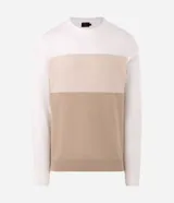 Suéter de corte regular y cuello redondo, confeccionado en viscosa y poliamida con textura de tricot. Presenta diseño de bloques de color en tonos blanco, beige y marrón claro con superficie texturizada.