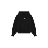 Hoodie oversize negro de la marca Eme Studios, con capucha, bolsillo frontal tipo canguro y pequeño logo estampado en el pecho.