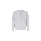 Cardigan de punto tejido en color gris azulado, de corte clásico con escote en V, cierre frontal con botones y diseño de ochos.