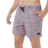 Short de baño con estampado geométrico en tonos celeste y salmón, con cintura elástica ajustable con cordón negro.