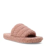 Pantufla tipo slider de mujer, color rosado, con textura de borrego o sherpa en la tira superior, que presenta un diseño acolchado con costuras horizontales.