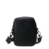 Morral Tiffosi de diseño compacto y rectangular, confeccionado en material sintético con textura granulada. Presenta un logo metálico en la parte frontal, cierre superior y correa ajustable extraíble con herrajes metálicos negros.