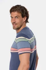 Remera de manga corta con cuello redondo y diseño rayado multicolor en tonos azules, beige, verde y rosado, con pequeño logo bordado en el pecho.