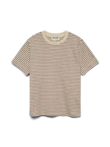 Remera de manga corta con hombros caídos y cuello redondo, de corte regular. Confeccionada en tejido de punto circular con acabado interlock, con rayas horizontales en color crema y marrón oscuro.