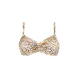Top de bikini con estampado paisley en tonos pastel, con breteles finos y detalle de fruncido en el centro del busto.