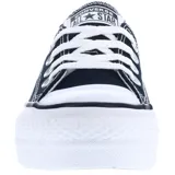 Zuecos Converse Mule Lift color negro, con plataforma blanca y cordones blancos. Presentan el logo de Converse All Star en la lengüeta y la puntera reforzada de goma blanca.