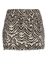 Pollera mini de tiro bajo confeccionada en sarga de algodón con estampado animal print de cebra y corte recto.