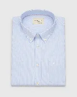 Camisa de manga larga Brooksfield modelo Yann, de corte regular y diseño clásico con micro rayas celestes y blancas. Cuenta con cuello con botones, bolsillo frontal en el pecho con pequeño bordado distintivo de la marca y botones frontales en tono claro.