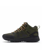 Bota de senderismo de media caña Columbia, color verde oliva con detalles en negro y cordones marrones. Presenta una construcción de malla sin costuras con refuerzos impresos en 3D, membrana impermeable OutDry, entresuela TechLite+ para amortiguación y suela Adapt Trax para tracción en terrenos variados.