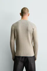 Jersey slim fit de punto de algodón, color beige con rayas verticales azules. Presenta cuello redondo, manga larga y texto frontal estampado con efecto lavado.