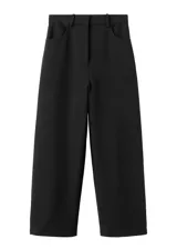 Pantalón de vestir negro de corte recto y tiro alto, con bolsillos laterales y cierre frontal oculto.