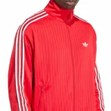 Campera deportiva Adidas Firebird Loose Pinstripes de color rojo, con cuello alto, cierre frontal completo y bolsillos laterales. Presenta el logo de la marca bordado en el pecho y las clásicas franjas laterales en las mangas en color blanco y negro.