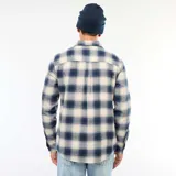Camisa de manga larga con estampado de cuadros en tonos azul y beige, confeccionada en tejido de algodón con cierre frontal de botones.