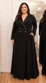 Vestido largo de crepe color negro, con diseño cruzado tipo blazer, solapas de satén y botones decorativos con perlas. Presenta mangas largas y un tajo frontal.