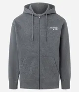 Saco con capucha y cierre frontal de color gris grafito, confeccionado en mezcla de algodón y poliéster. Presenta cordón ajustable en la capucha, puños y cintura ajustados, y una pequeña estampa localizada en el lado izquierdo del pecho con texto y tres círculos.