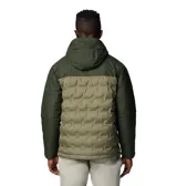 Campera técnica con capucha, impermeable y transpirable, con tecnología termorreflectante Omni-Heat Infinity y aislamiento de plumón de 650 fill power. Presenta un diseño de bloques de color en tonos verde, con construcción HeatSeal sin costuras en el panel frontal y cierre frontal completo.